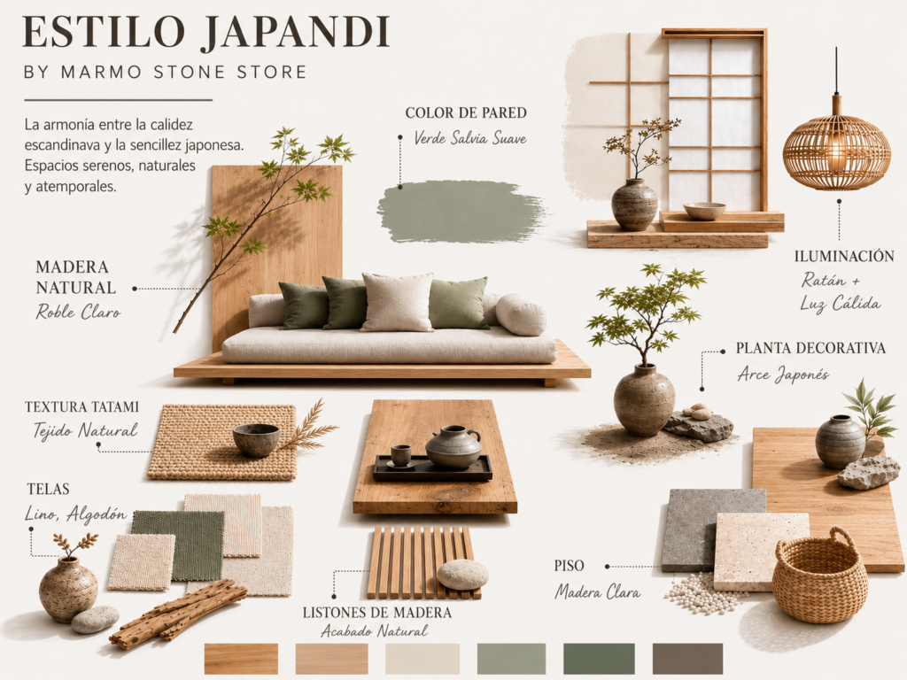 Moodboard estilo Japandi con mármol, madera natural y tonos neutros de MARMO Stone Store