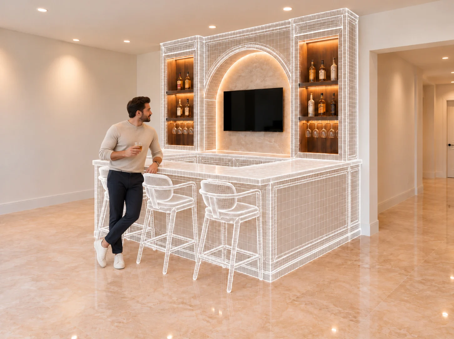 Visualización conceptual de una barra y mueble con estructura de diseño superpuesta; imagen proporcionada por MARMO