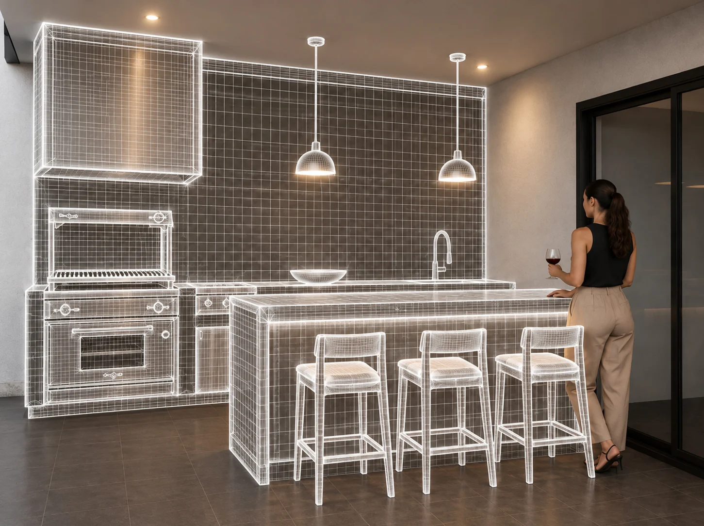 Visualización conceptual de una cocina con isla, mobiliario y estructura de diseño superpuesta; imagen proporcionada por MARMO