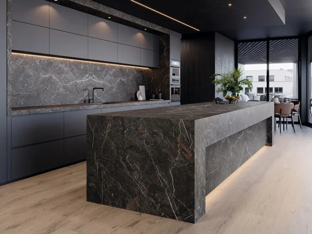 Cocina con isla de cuarcita · ambiente proporcionado por MARMO