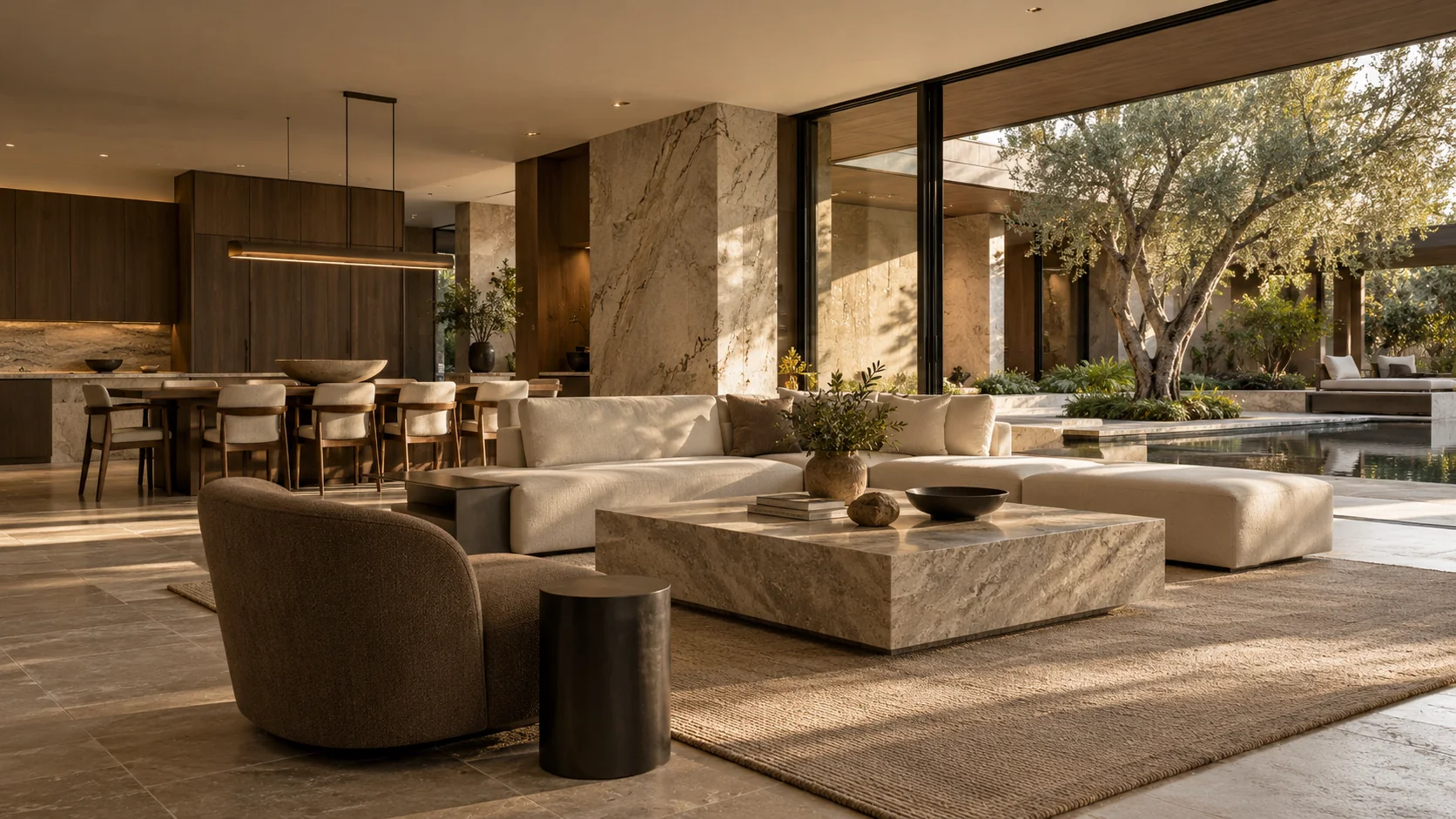 Espacio residencial terminado con piedra natural, madera y ejecución integral